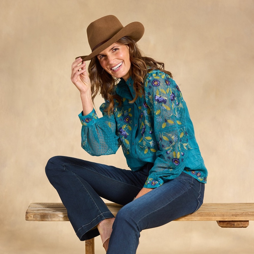Sundance Teal Beaumont Blooms Top Embroidered Blouse Floral Small